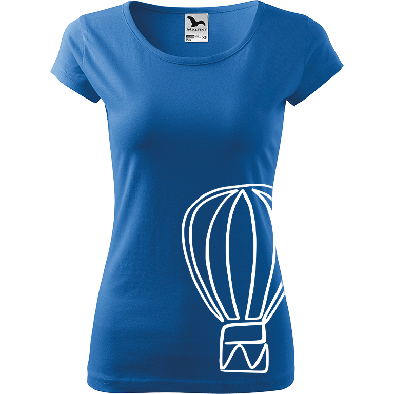 Ručně malované dámské bavlněné tričko - Jednotahový horkovzdušný balón Barva trička: AZUROVÁ, Velikost trička: L, Barva motivu: BÍLÁ
