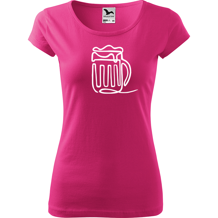 Ručně malované dámské bavlněné tričko - Jednotahové pivo Barva trička: RŮŽOVÁ, Velikost trička: L, Barva motivu: BÍLÁ