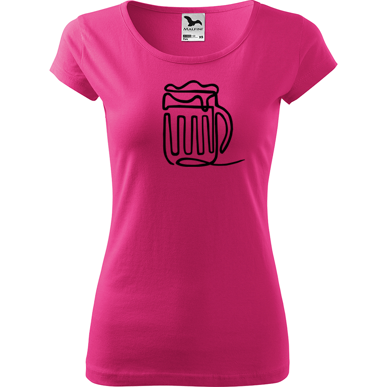 Ručně malované dámské bavlněné tričko - Jednotahové pivo Barva trička: RŮŽOVÁ, Velikost trička: XL, Barva motivu: ČERNÁ