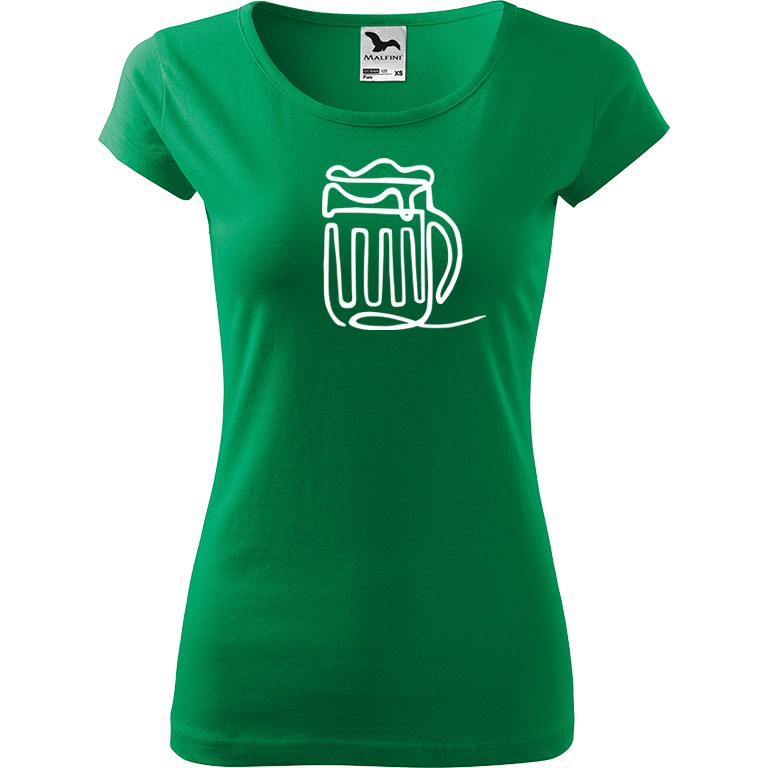 Ručně malované dámské bavlněné tričko - Jednotahové pivo Barva trička: STŘEDNĚ ZELENÁ, Velikost trička: XL, Barva motivu: BÍLÁ