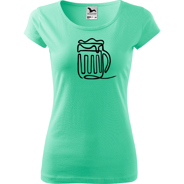Ručně malované dámské bavlněné tričko - Jednotahové pivo Barva trička: MÁTOVÁ, Velikost trička: L, Barva motivu: ČERNÁ