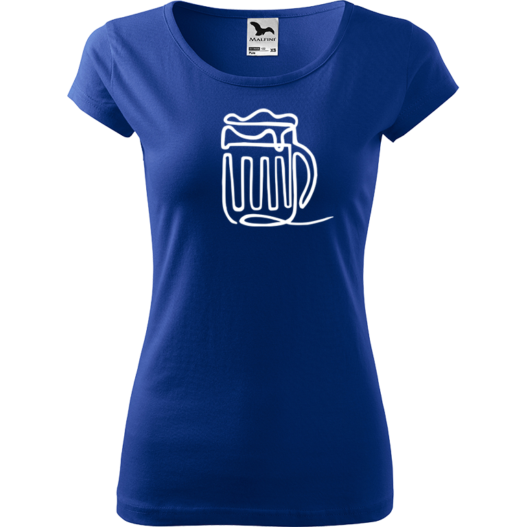 Ručně malované dámské bavlněné tričko - Jednotahové pivo Barva trička: MODRÁ, Velikost trička: M, Barva motivu: BÍLÁ