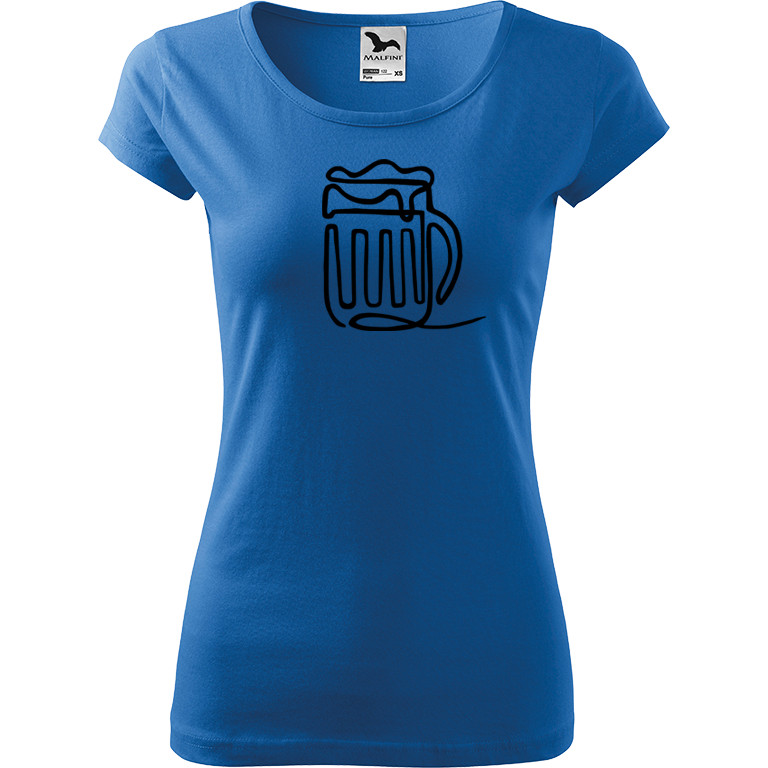 Ručně malované dámské bavlněné tričko - Jednotahové pivo Barva trička: AZUROVÁ, Velikost trička: L, Barva motivu: ČERNÁ