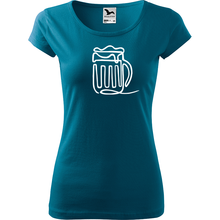 Ručně malované dámské bavlněné tričko - Jednotahové pivo Barva trička: PETROLEJOVÁ, Velikost trička: L, Barva motivu: BÍLÁ