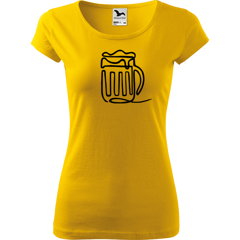 Ručně malované dámské bavlněné tričko - Jednotahové pivo Barva trička: ŽLUTÁ, Velikost trička: XL, Barva motivu: ČERNÁ