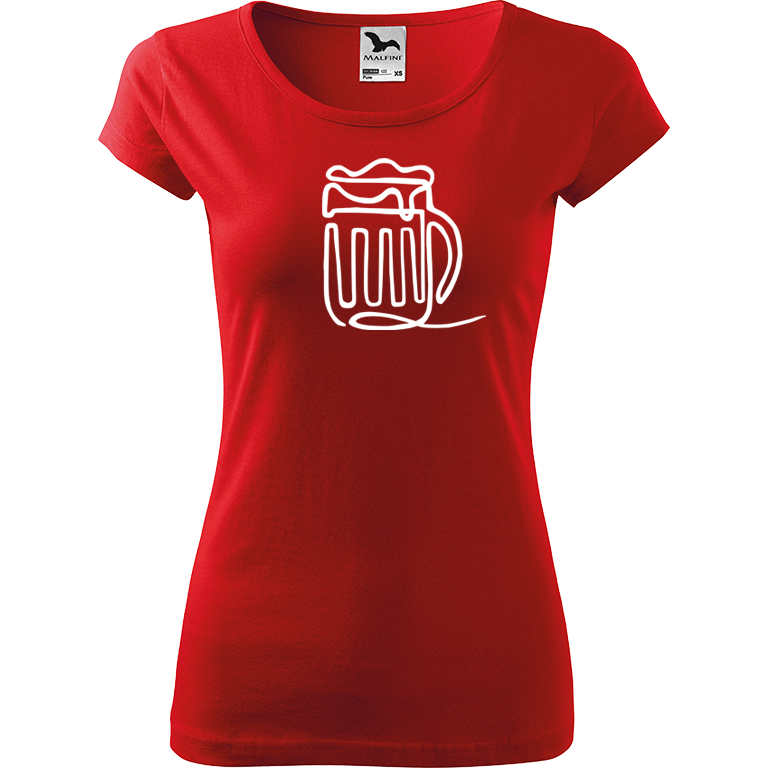 Ručně malované dámské bavlněné tričko - Jednotahové pivo Barva trička: ČERVENÁ, Velikost trička: XXL, Barva motivu: BÍLÁ