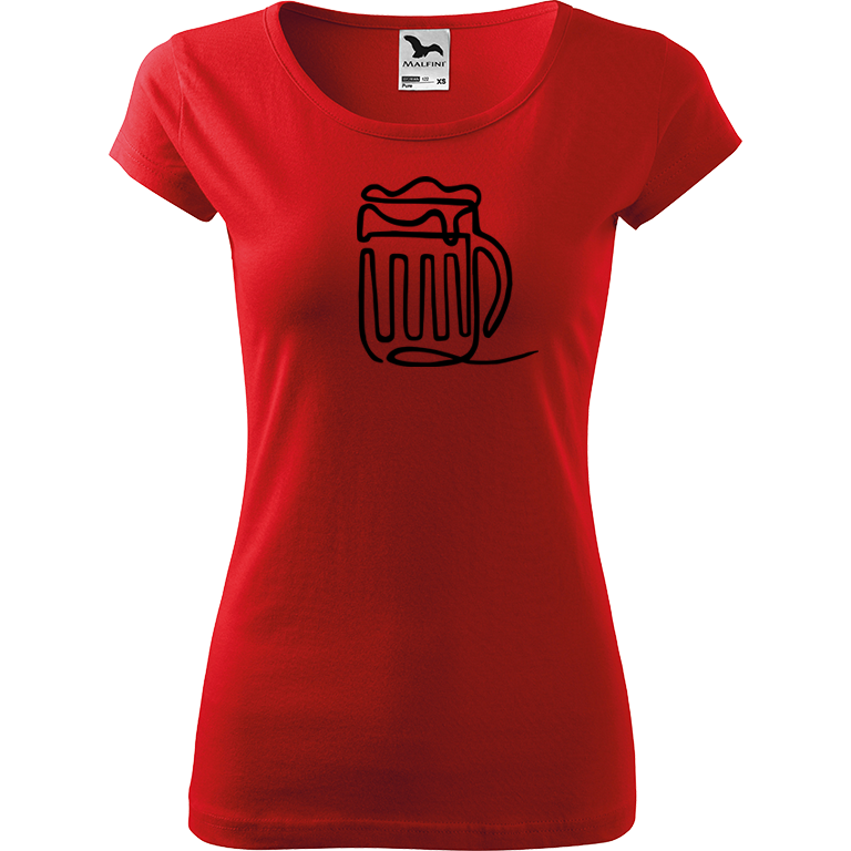 Ručně malované dámské bavlněné tričko - Jednotahové pivo Barva trička: ČERVENÁ, Velikost trička: XXL, Barva motivu: ČERNÁ