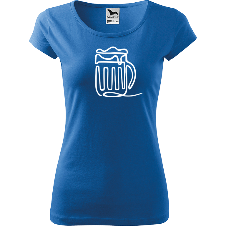 Ručně malované dámské bavlněné tričko - Jednotahové pivo Barva trička: AZUROVÁ, Velikost trička: L, Barva motivu: BÍLÁ