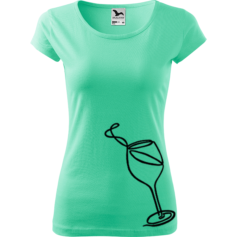 Ručně malované dámské bavlněné tričko - Jednotahové víno Barva trička: MÁTOVÁ, Velikost trička: XL, Barva motivu: ČERNÁ