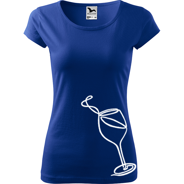 Ručně malované dámské bavlněné tričko - Jednotahové víno Barva trička: MODRÁ, Velikost trička: M, Barva motivu: BÍLÁ
