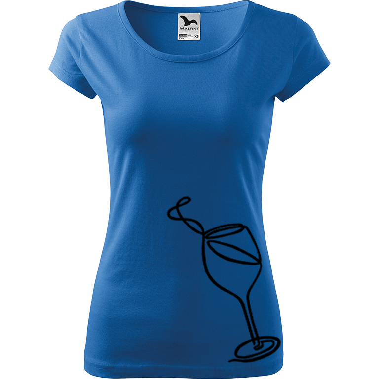 Ručně malované dámské bavlněné tričko - Jednotahové víno Barva trička: AZUROVÁ, Velikost trička: L, Barva motivu: ČERNÁ