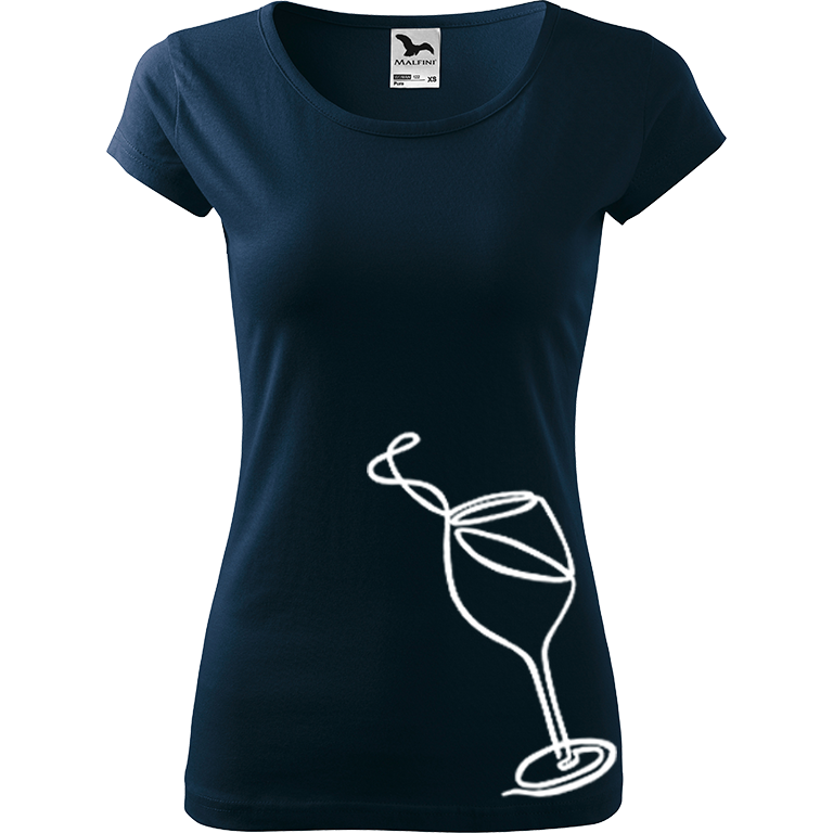 Ručně malované dámské bavlněné tričko - Jednotahové víno Barva trička: NÁMOŘNICKÁ MODRÁ, Velikost trička: M, Barva motivu: BÍLÁ