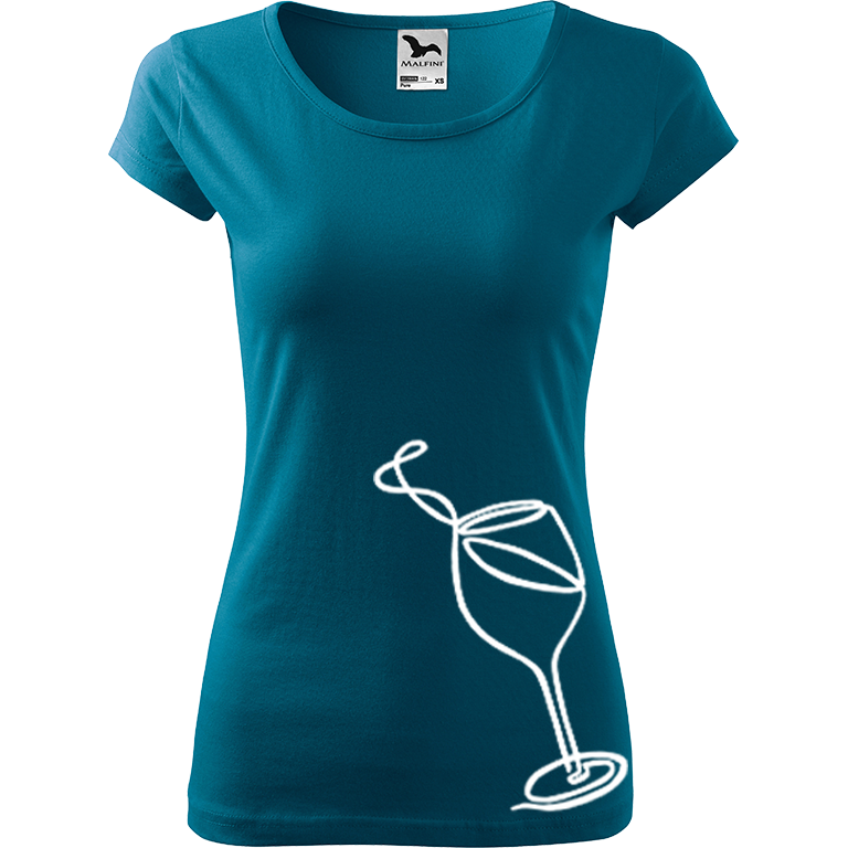 Ručně malované dámské bavlněné tričko - Jednotahové víno Barva trička: PETROLEJOVÁ, Velikost trička: XL, Barva motivu: BÍLÁ