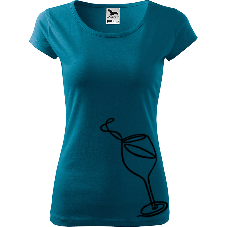 Ručně malované dámské bavlněné tričko - Jednotahové víno Barva trička: PETROLEJOVÁ, Velikost trička: XXL, Barva motivu: ČERNÁ