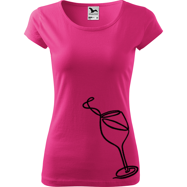 Ručně malované dámské bavlněné tričko - Jednotahové víno Barva trička: RŮŽOVÁ, Velikost trička: XL, Barva motivu: ČERNÁ