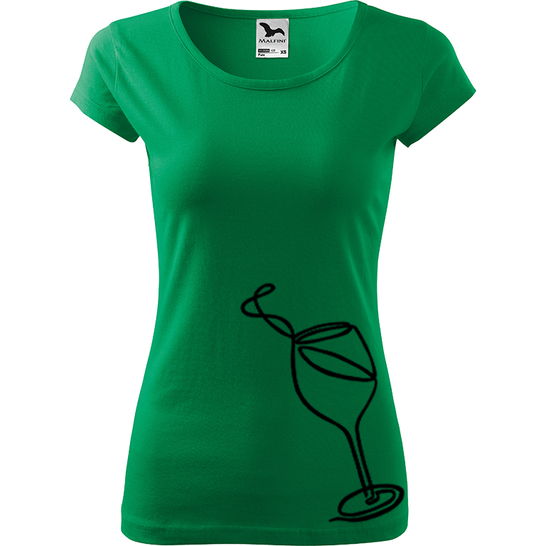 Ručně malované dámské bavlněné tričko - Jednotahové víno Barva trička: STŘEDNĚ ZELENÁ, Velikost trička: XS, Barva motivu: ČERNÁ