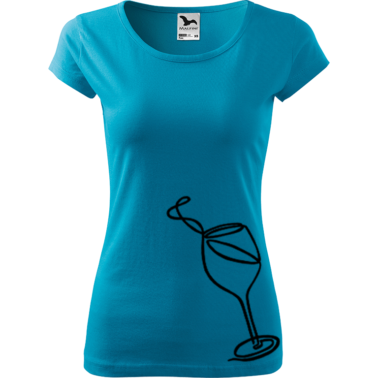Ručně malované dámské bavlněné tričko - Jednotahové víno Barva trička: TYRKYSOVÁ, Velikost trička: XS, Barva motivu: ČERNÁ