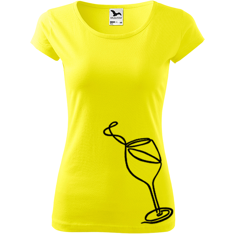 Ručně malované dámské bavlněné tričko - Jednotahové víno Barva trička: CITRONOVÁ, Velikost trička: XL, Barva motivu: ČERNÁ