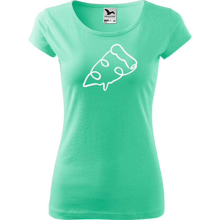 Ručně malované dámské bavlněné tričko - Jednotahová pizza Barva trička: MÁTOVÁ, Velikost trička: M, Barva motivu: BÍLÁ