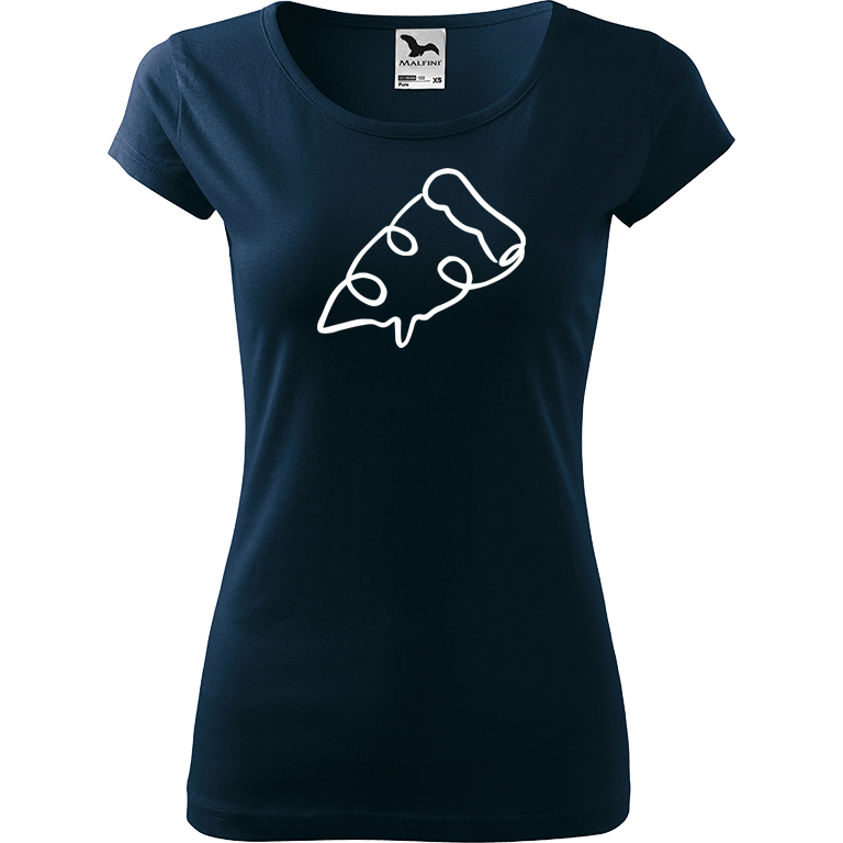 Ručně malované dámské bavlněné tričko - Jednotahová pizza Barva trička: NÁMOŘNICKÁ MODRÁ, Velikost trička: XXL, Barva motivu: BÍLÁ