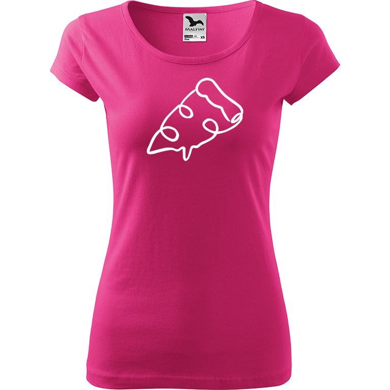 Ručně malované dámské bavlněné tričko - Jednotahová pizza Barva trička: RŮŽOVÁ, Velikost trička: M, Barva motivu: BÍLÁ