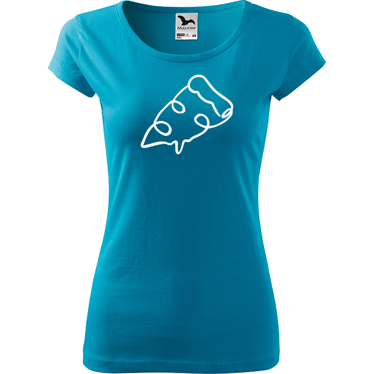 Ručně malované dámské bavlněné tričko - Jednotahová pizza Barva trička: TYRKYSOVÁ, Velikost trička: M, Barva motivu: BÍLÁ