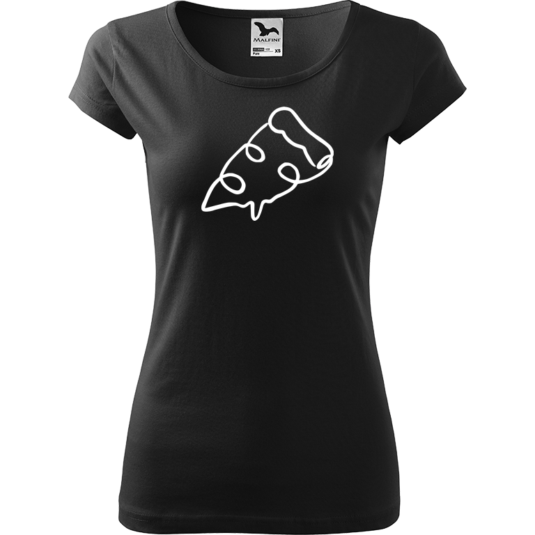 Ručně malované dámské bavlněné tričko - Jednotahová pizza Barva trička: ČERNÁ, Velikost trička: XL, Barva motivu: BÍLÁ