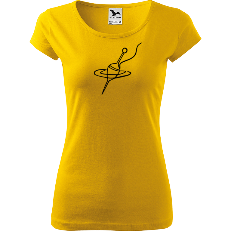 Ručně malované dámské bavlněné tričko - Jednotahový splávek Barva trička: ŽLUTÁ, Velikost trička: M, Barva motivu: ČERNÁ