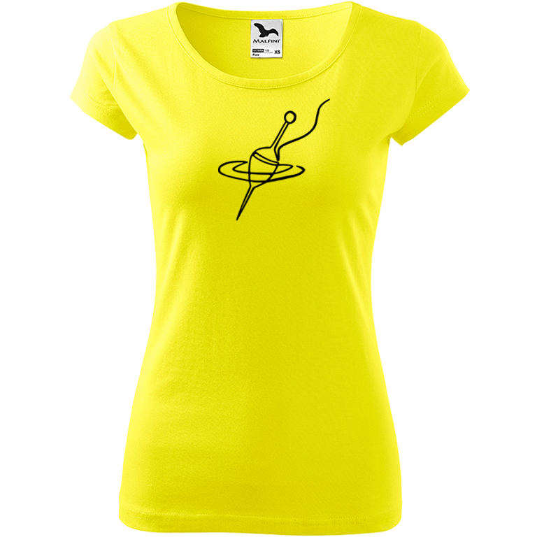 Ručně malované dámské bavlněné tričko - Jednotahový splávek Barva trička: CITRONOVÁ, Velikost trička: XL, Barva motivu: ČERNÁ