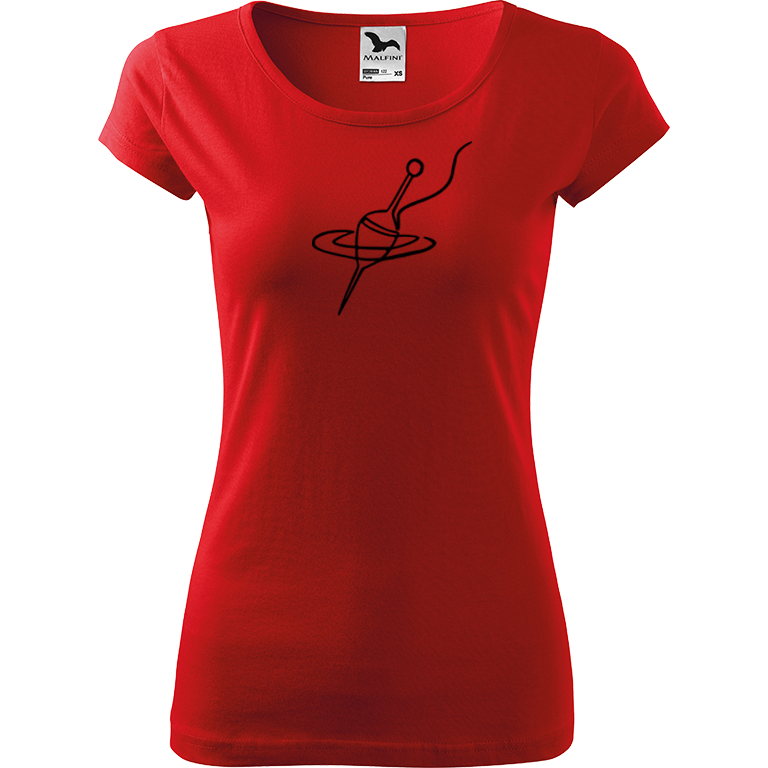 Ručně malované dámské bavlněné tričko - Jednotahový splávek Barva trička: ČERVENÁ, Velikost trička: S, Barva motivu: ČERNÁ