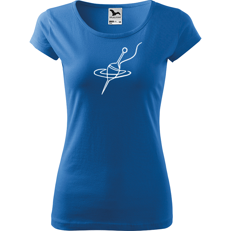 Ručně malované dámské bavlněné tričko - Jednotahový splávek Barva trička: AZUROVÁ, Velikost trička: M, Barva motivu: BÍLÁ