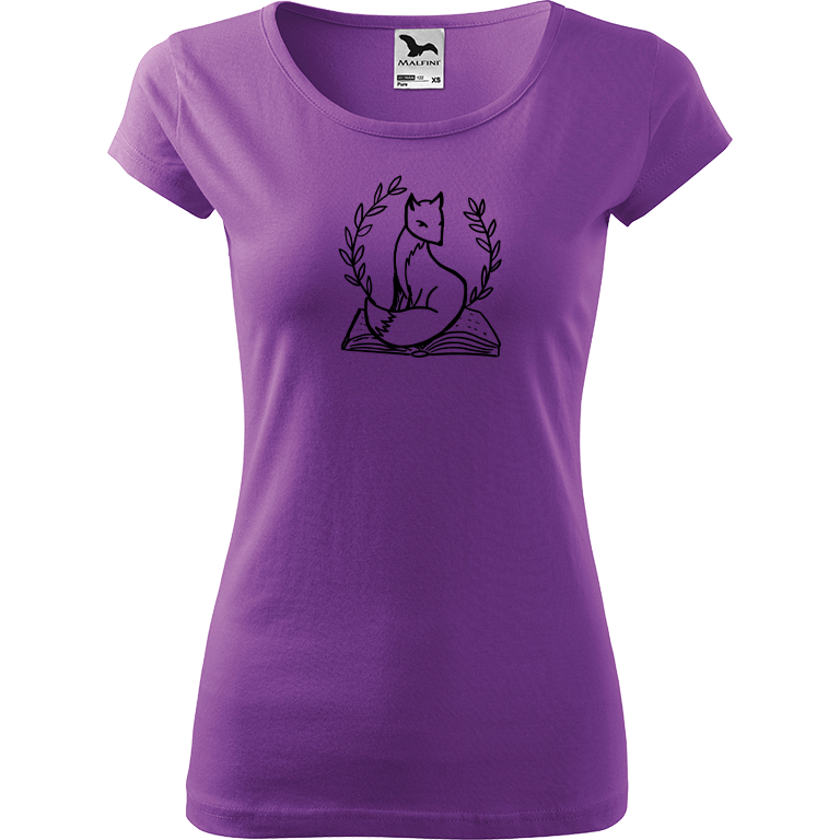 Ručně malované dámské bavlněné tričko - Liška na knize Barva trička: FIALOVÁ, Velikost trička: XL, Barva motivu: ČERNÁ