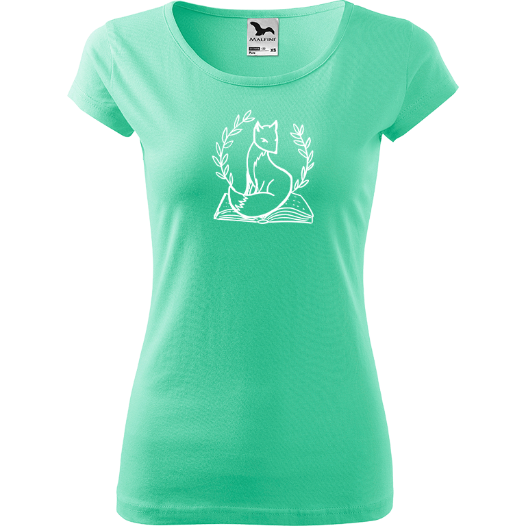 Ručně malované dámské bavlněné tričko - Liška na knize Barva trička: MÁTOVÁ, Velikost trička: S, Barva motivu: BÍLÁ