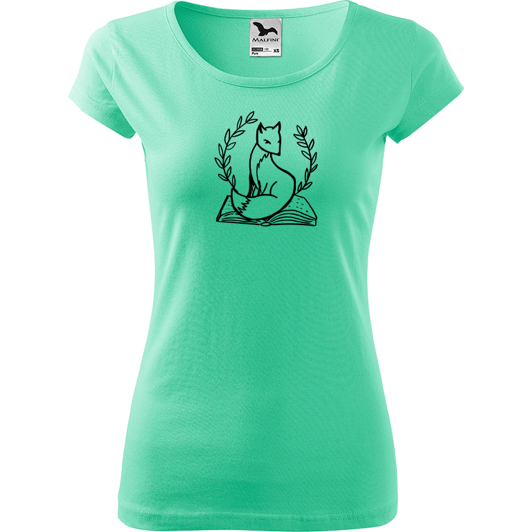 Ručně malované dámské bavlněné tričko - Liška na knize Barva trička: MÁTOVÁ, Velikost trička: XS, Barva motivu: ČERNÁ