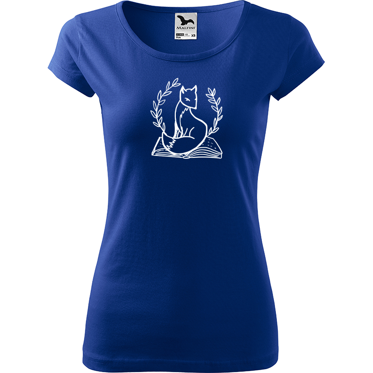 Ručně malované dámské bavlněné tričko - Liška na knize Barva trička: MODRÁ, Velikost trička: XL, Barva motivu: BÍLÁ