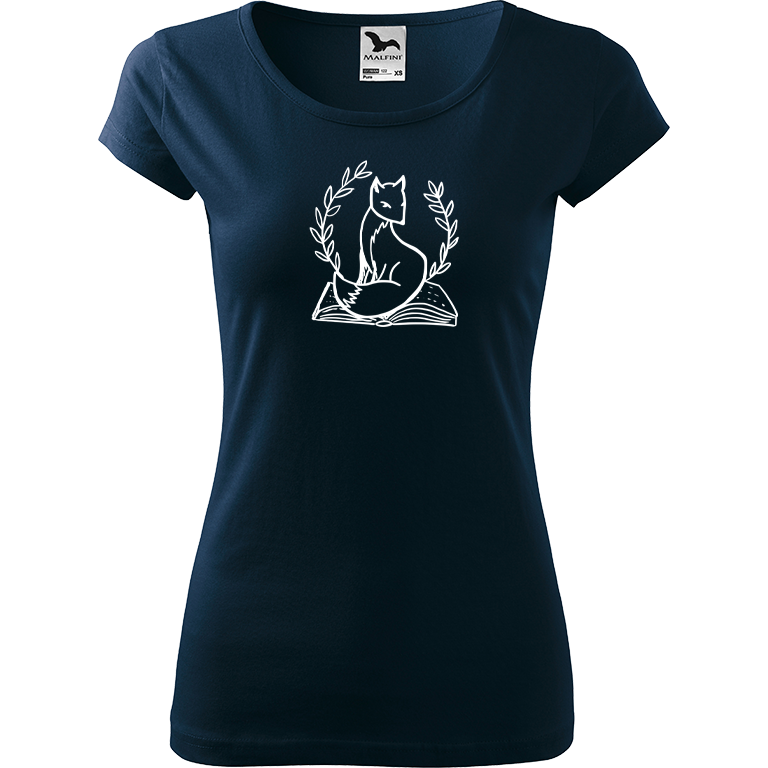 Ručně malované dámské bavlněné tričko - Liška na knize Barva trička: NÁMOŘNICKÁ MODRÁ, Velikost trička: XXL, Barva motivu: BÍLÁ