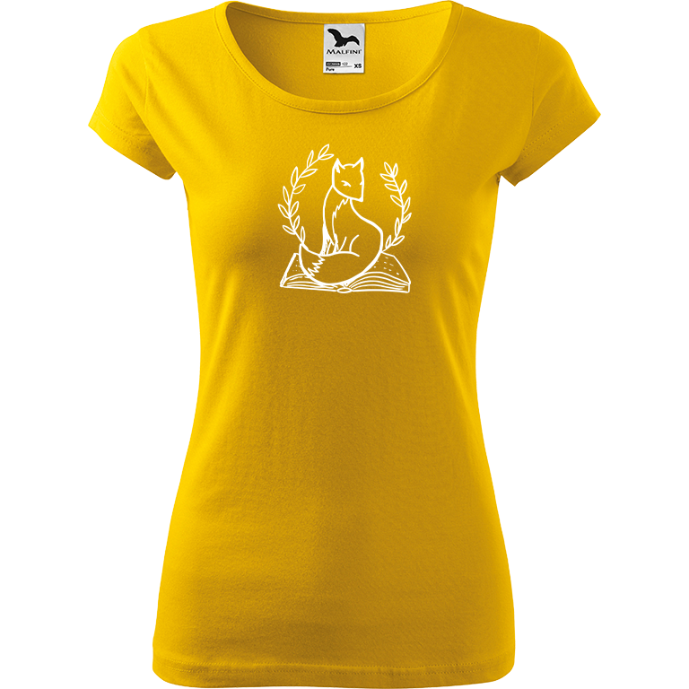 Ručně malované dámské bavlněné tričko - Liška na knize Barva trička: ŽLUTÁ, Velikost trička: L, Barva motivu: BÍLÁ