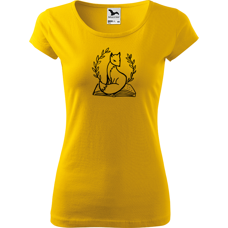 Ručně malované dámské bavlněné tričko - Liška na knize Barva trička: ŽLUTÁ, Velikost trička: M, Barva motivu: ČERNÁ