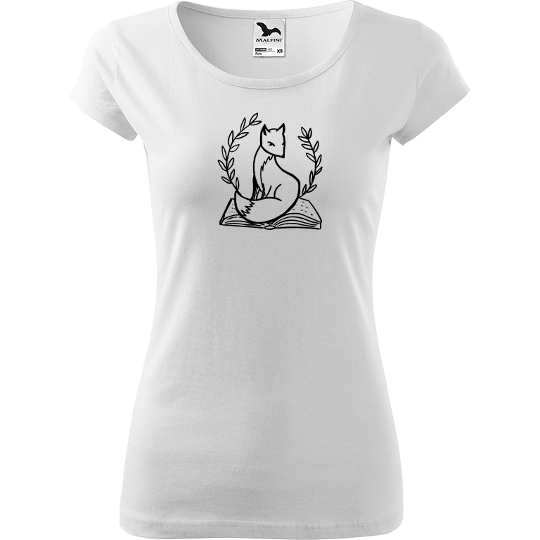Ručně malované dámské bavlněné tričko - Liška na knize Barva trička: BÍLÁ, Velikost trička: XL, Barva motivu: ČERNÁ