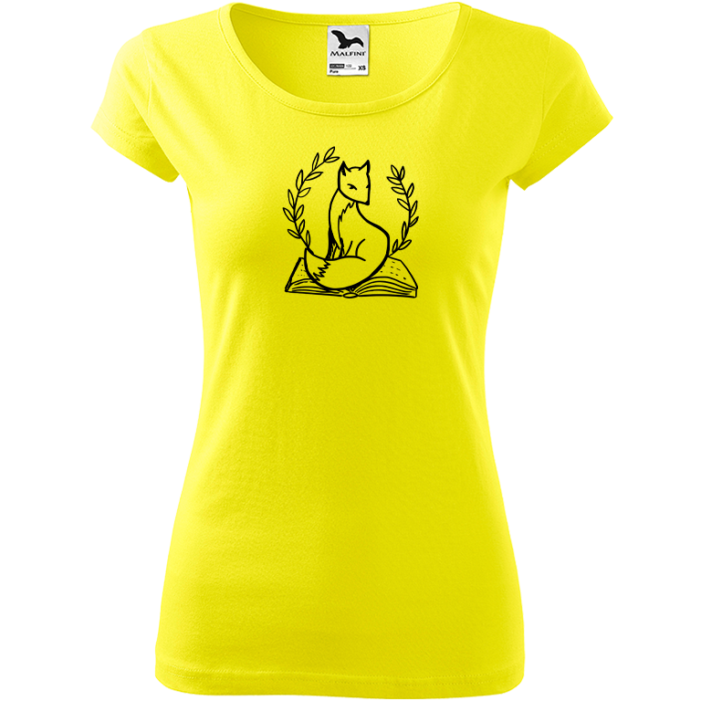 Ručně malované dámské bavlněné tričko - Liška na knize Barva trička: CITRONOVÁ, Velikost trička: XS, Barva motivu: ČERNÁ