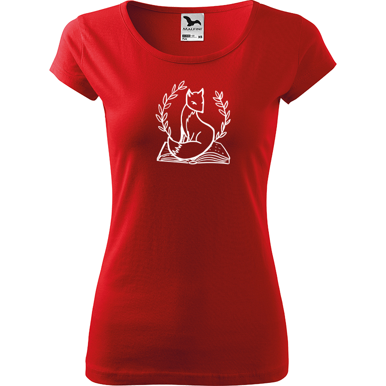 Ručně malované dámské bavlněné tričko - Liška na knize Barva trička: ČERVENÁ, Velikost trička: L, Barva motivu: BÍLÁ