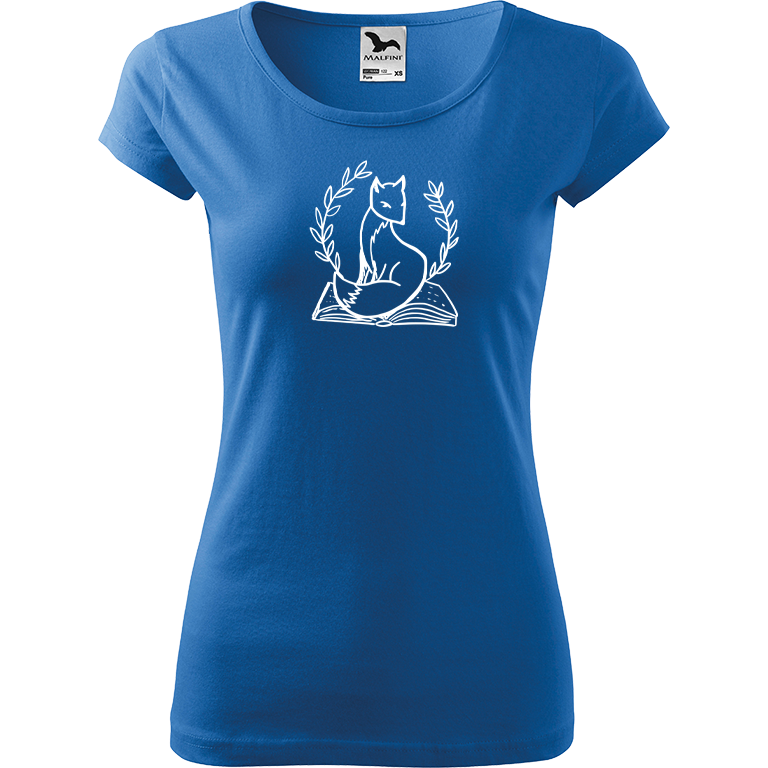 Ručně malované dámské bavlněné tričko - Liška na knize Barva trička: AZUROVÁ, Velikost trička: XL, Barva motivu: BÍLÁ