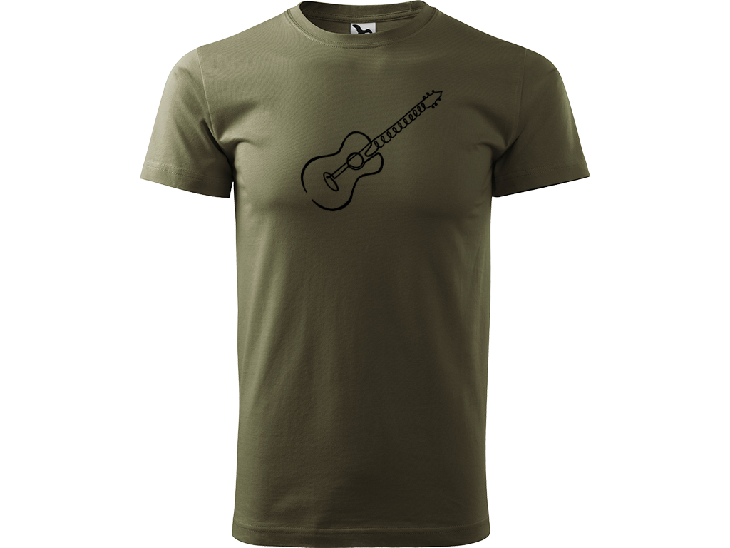 Ručně malované pánské bavlněné tričko - Jednotahová Akustická kytara akustická Barva trička: ARMY, Velikost trička: S, Barva motivu: ČERNÁ