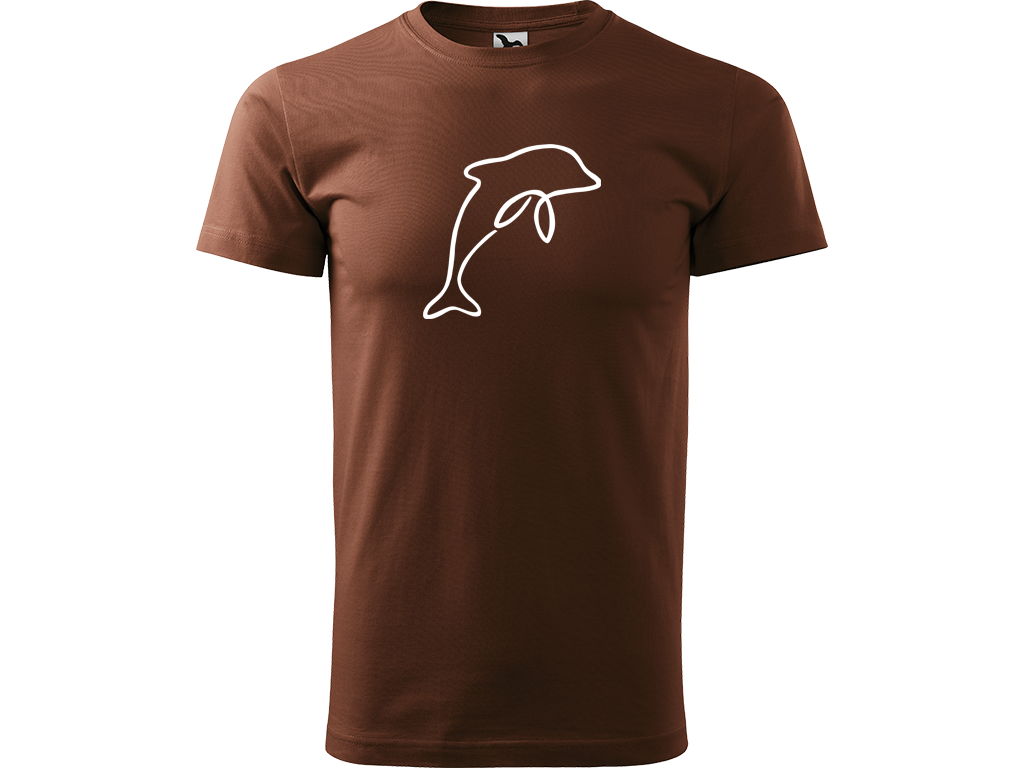 Ručně malované pánské bavlněné tričko - Jednotahový Delfín Barva trička: ČOKOLÁDOVÁ, Velikost trička: XL, Barva motivu: BÍLÁ