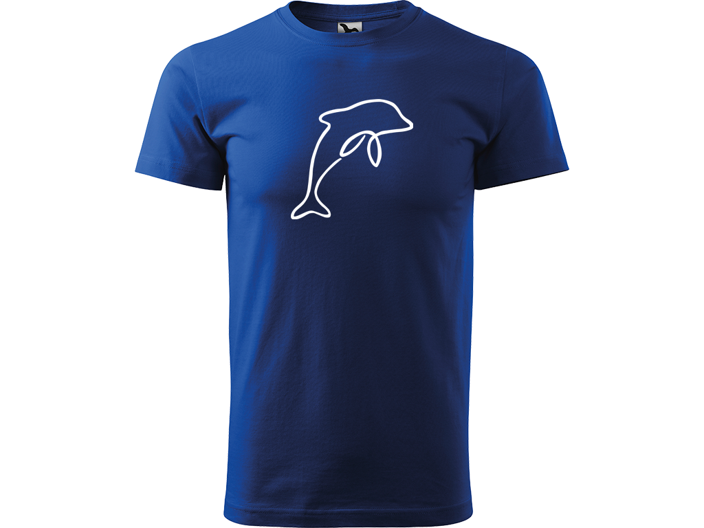 Ručně malované pánské bavlněné tričko - Jednotahový Delfín Barva trička: MODRÁ, Velikost trička: XS, Barva motivu: BÍLÁ