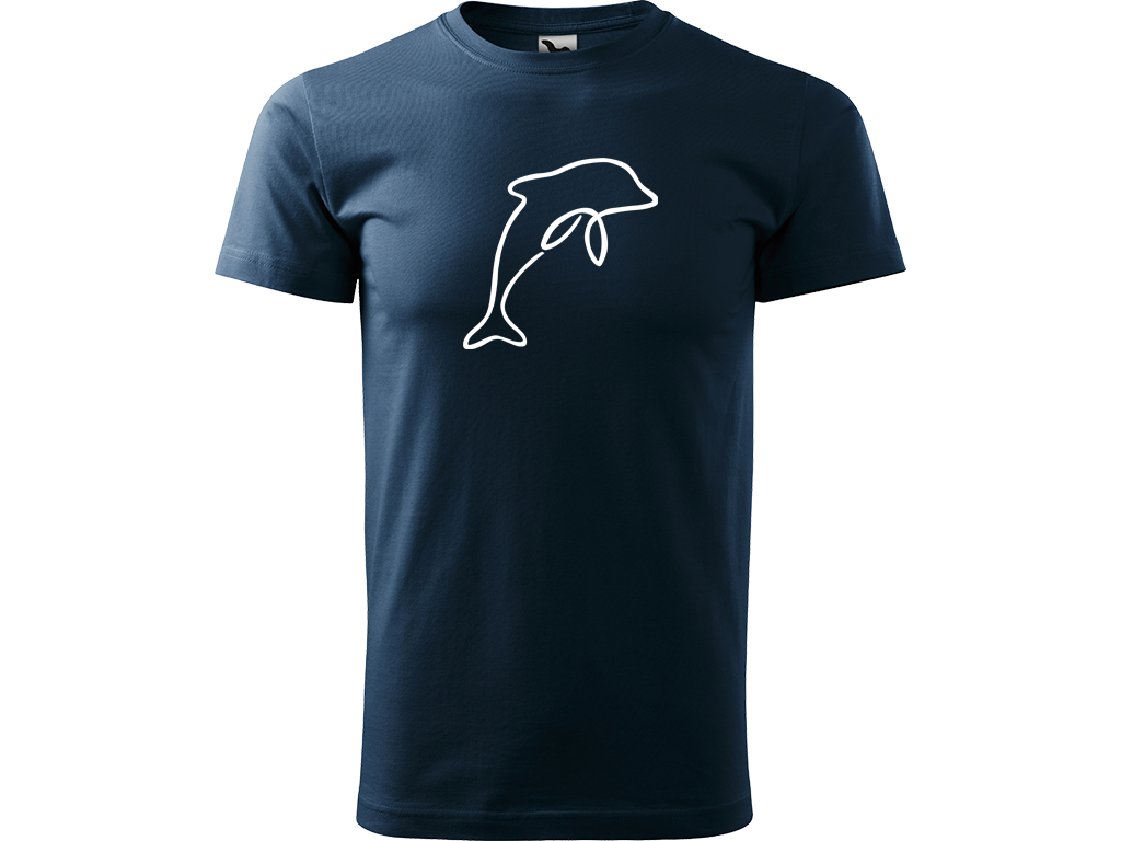 Ručně malované pánské bavlněné tričko - Jednotahový Delfín Barva trička: NÁMOŘNICKÁ MODRÁ, Velikost trička: L, Barva motivu: BÍLÁ