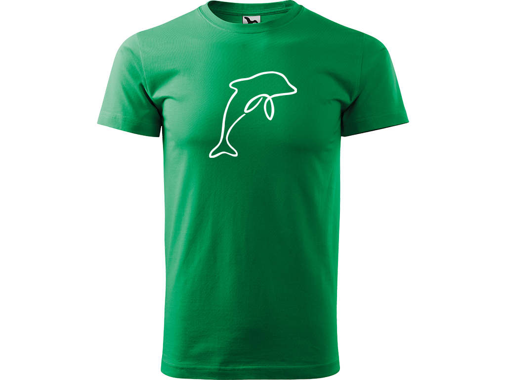 Ručně malované pánské bavlněné tričko - Jednotahový Delfín Barva trička: STŘEDNĚ ZELENÁ, Velikost trička: L, Barva motivu: BÍLÁ