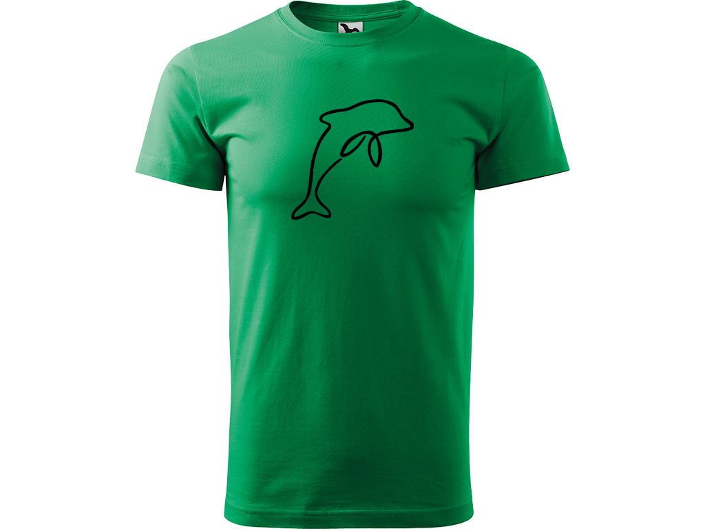 Ručně malované pánské bavlněné tričko - Jednotahový Delfín Barva trička: STŘEDNĚ ZELENÁ, Velikost trička: L, Barva motivu: ČERNÁ