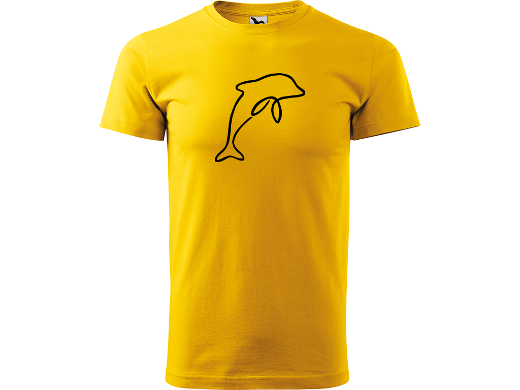 Ručně malované pánské bavlněné tričko - Jednotahový Delfín Barva trička: ŽLUTÁ, Velikost trička: XL, Barva motivu: ČERNÁ