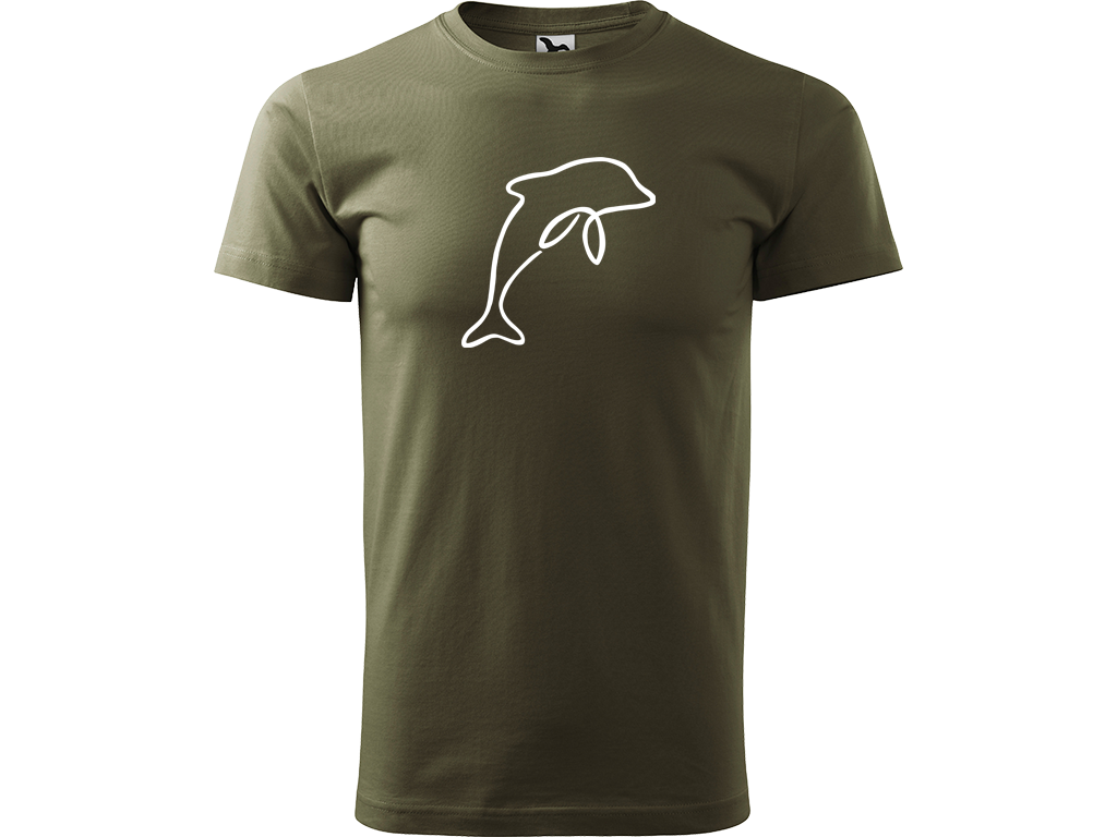 Ručně malované pánské bavlněné tričko - Jednotahový Delfín Barva trička: ARMY, Velikost trička: M, Barva motivu: BÍLÁ